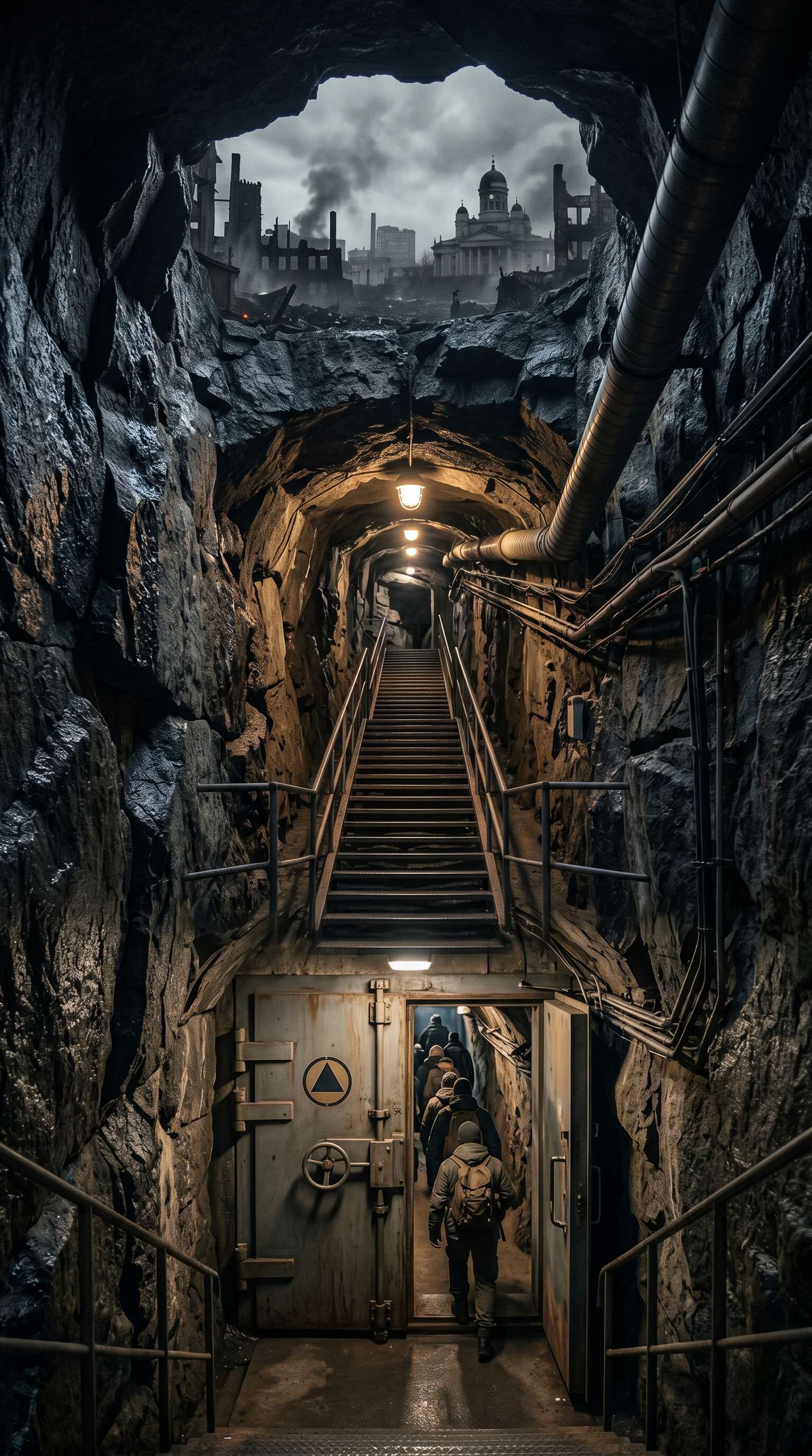 Спуск в подземный бункер через гермодверь: на заднем плане через скальный проём виден разрушенный город